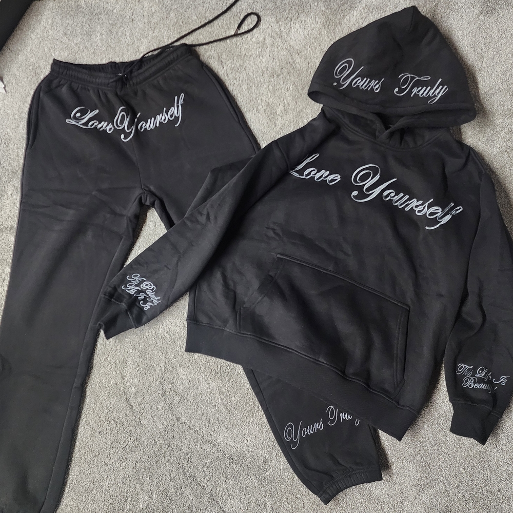 Yours Truly By Phora "Love Yourself" Full Jogger Set Black. Size Small